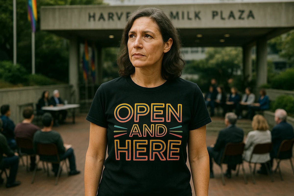 Lifestyle shot of the "Open and Here" black lgbtq ally t shirt in a real-world setting