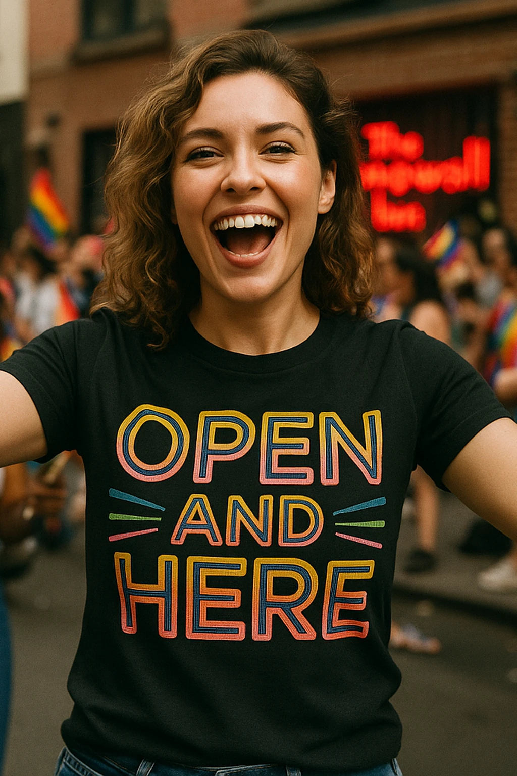 "Open and Here" lgbtq ally t shirt - product photo 7