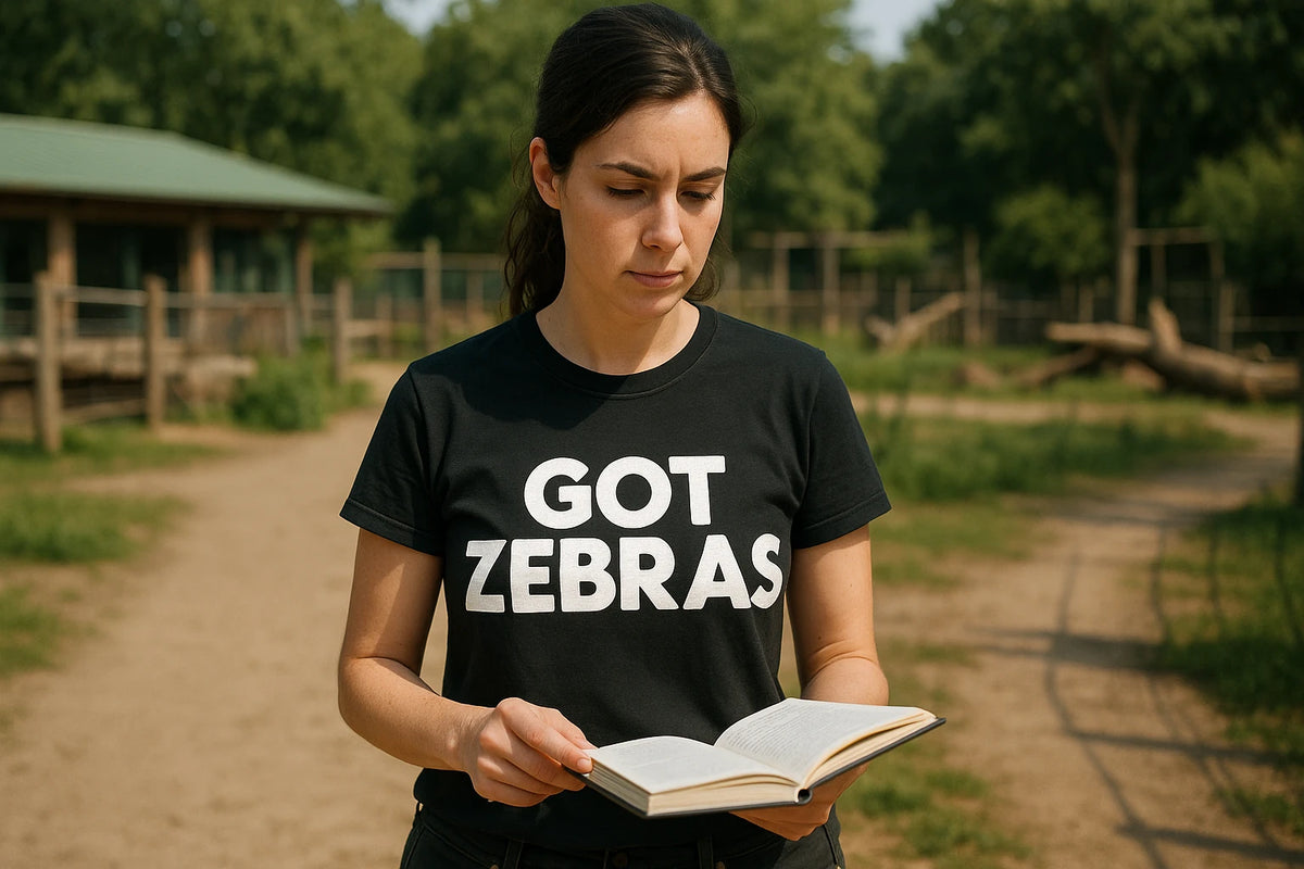 Lifestyle shot of the "Got Zebras" black zookeeper shirts in a real-world setting