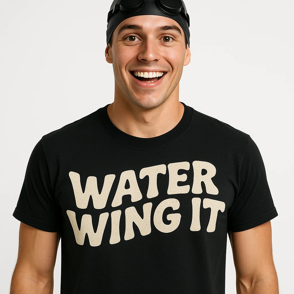 Close-up of the "Water Wing It" beige print on a premium Bella+Canvas black swimming shirts