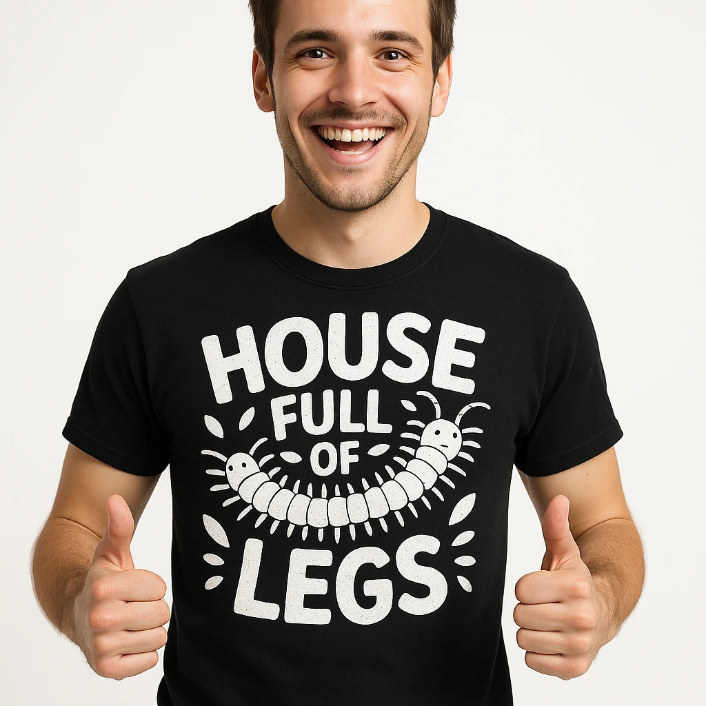 Close-up of the "House Full of Legs" white print on a premium Bella+Canvas black centipede t shirt