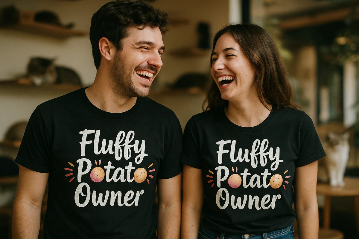 Person wearing the black cats t shirt graphic tee - "Fluffy Potato Owner" design