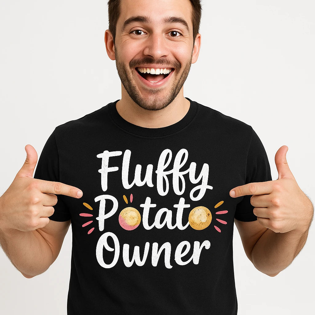 Close-up of the "Fluffy Potato Owner" white print on a premium Bella+Canvas black cats t shirt
