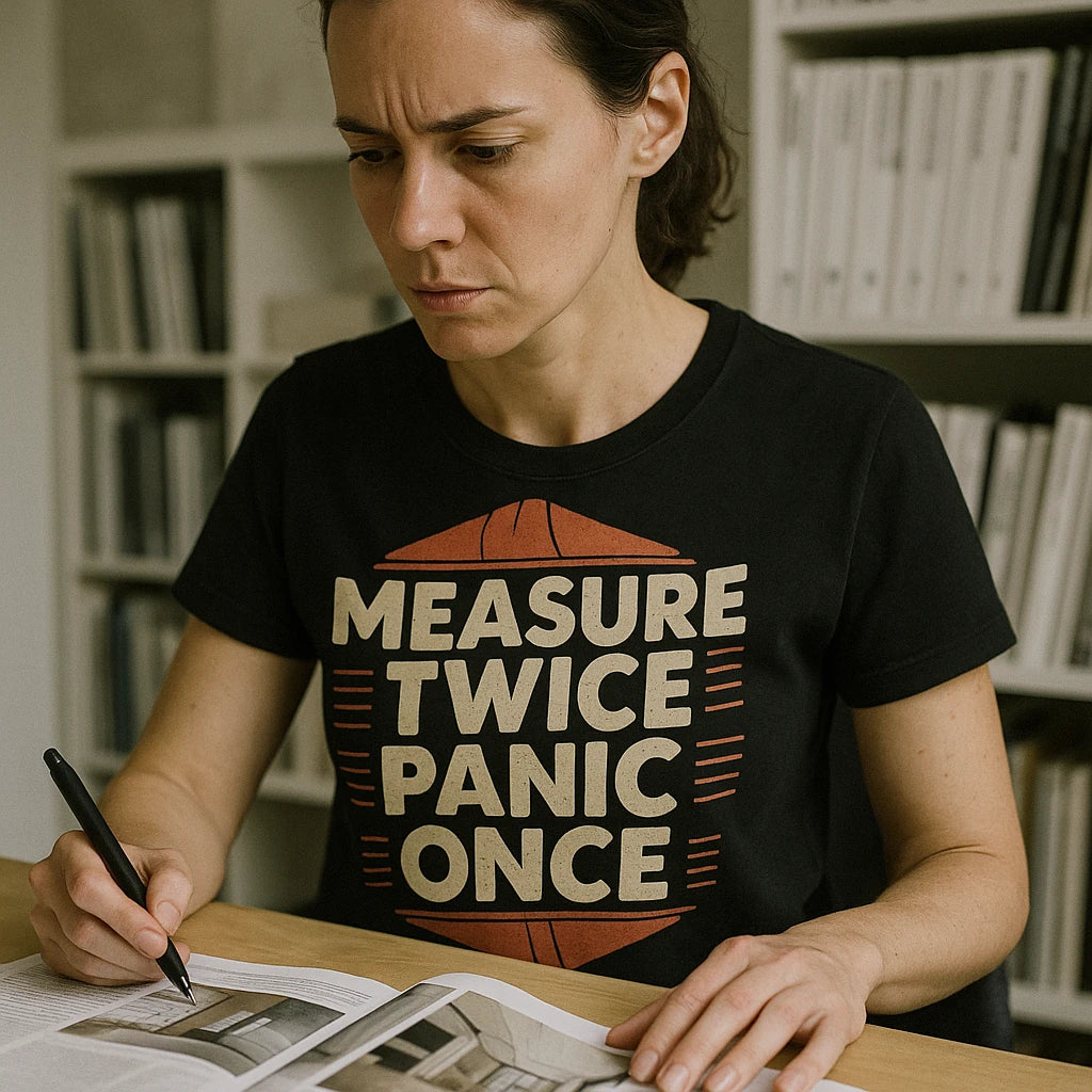 "Measure Twice Panic Once" black architect t shirt - also one of the best gifts for architects