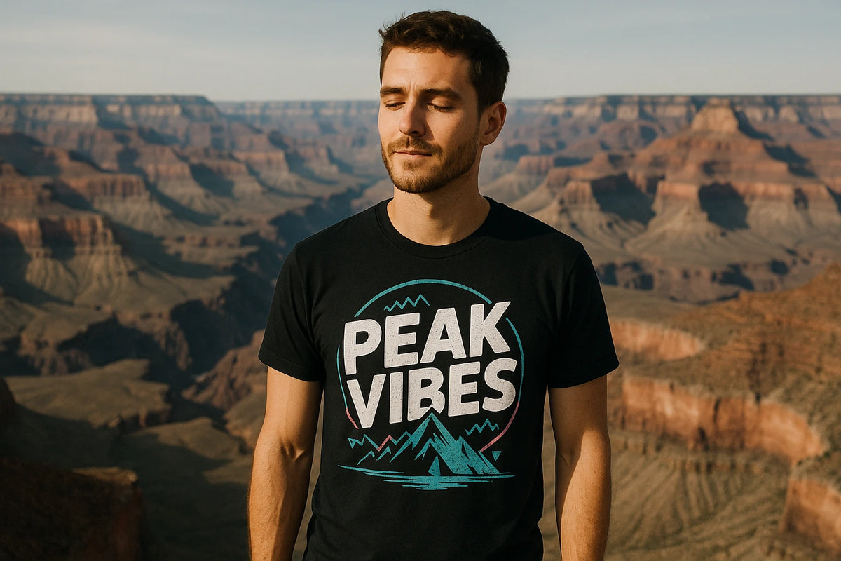 Lifestyle shot of the "Peak Vibes" black hiking shirts in a real-world setting