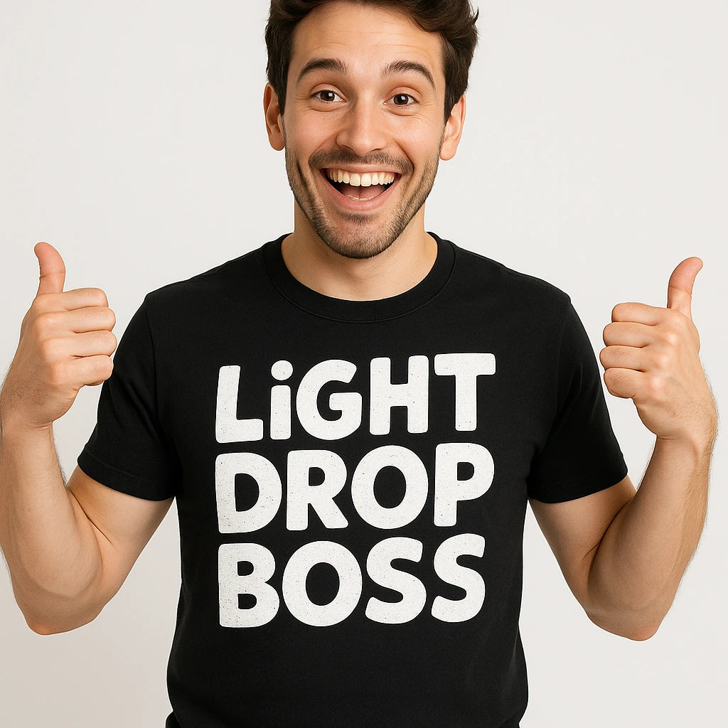 Close-up of the "Light Drop Boss" white print on a premium Bella+Canvas black men's new years eve shirts