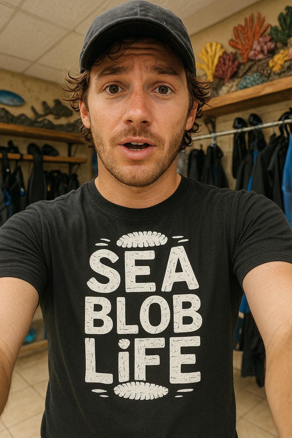 "Sea Blob Life" black cucumber t shirt, photographed as sea cucumber lover gift