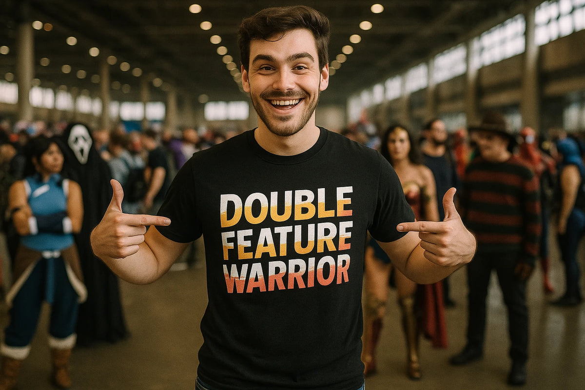 Lifestyle shot of the "Double Feature Warrior" black graphic tee in a real-world setting