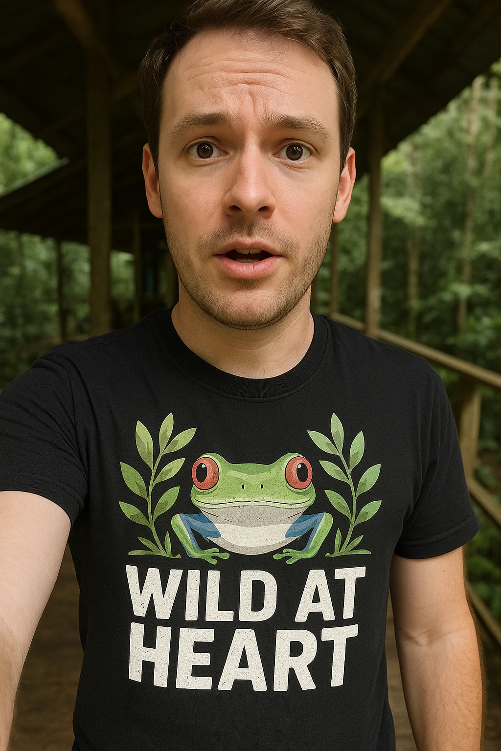 "Wild At Heart" black rainforest shirts, photographed as rainforest lover gift