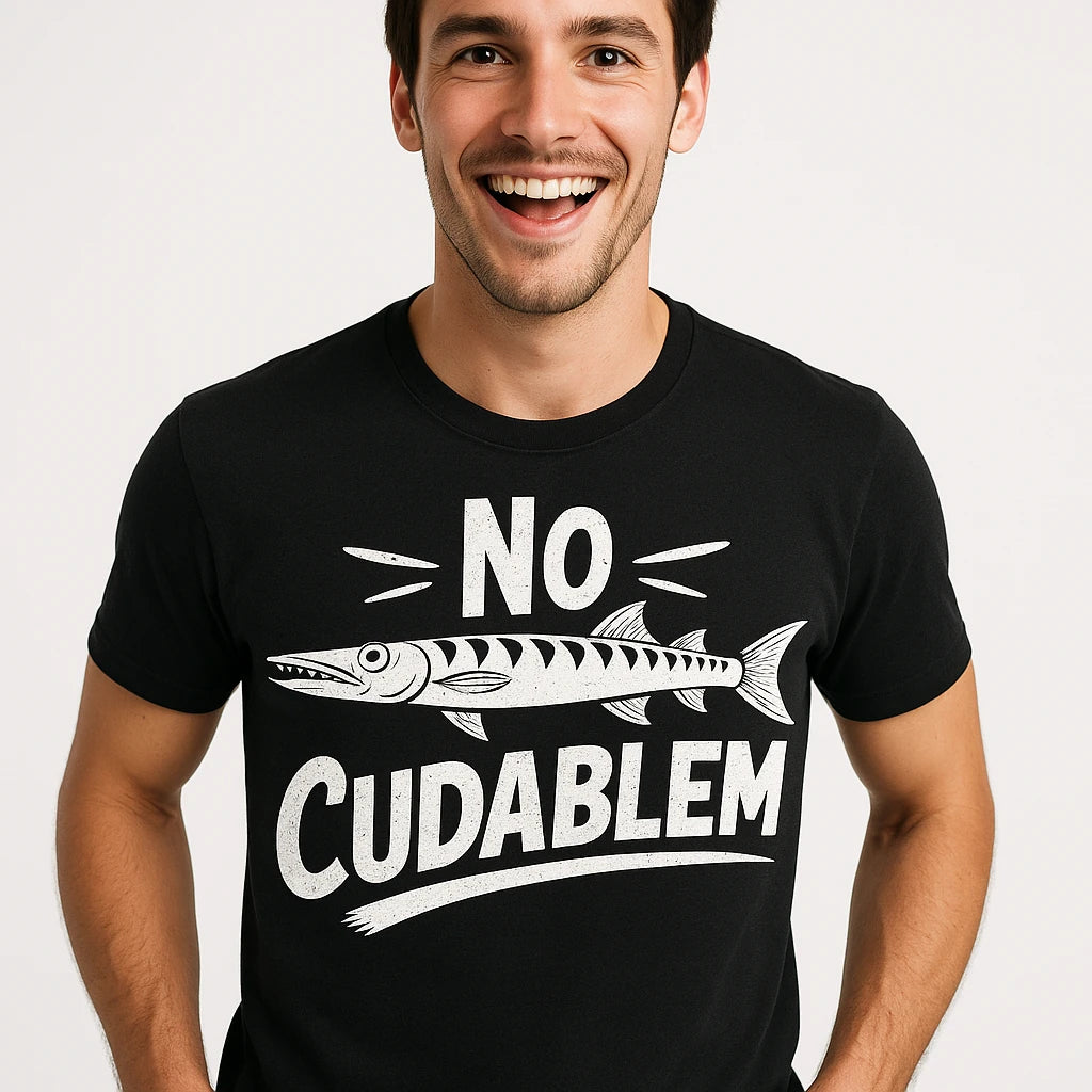 Close-up of the "No Cudablem" white print on a premium Bella+Canvas black barracuda t shirt