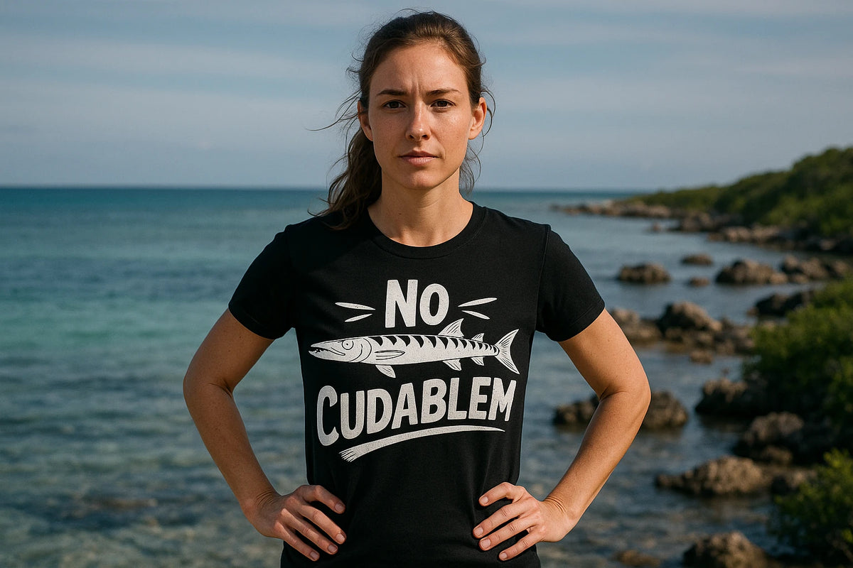 Lifestyle shot of the "No Cudablem" black barracuda t shirt in a real-world setting