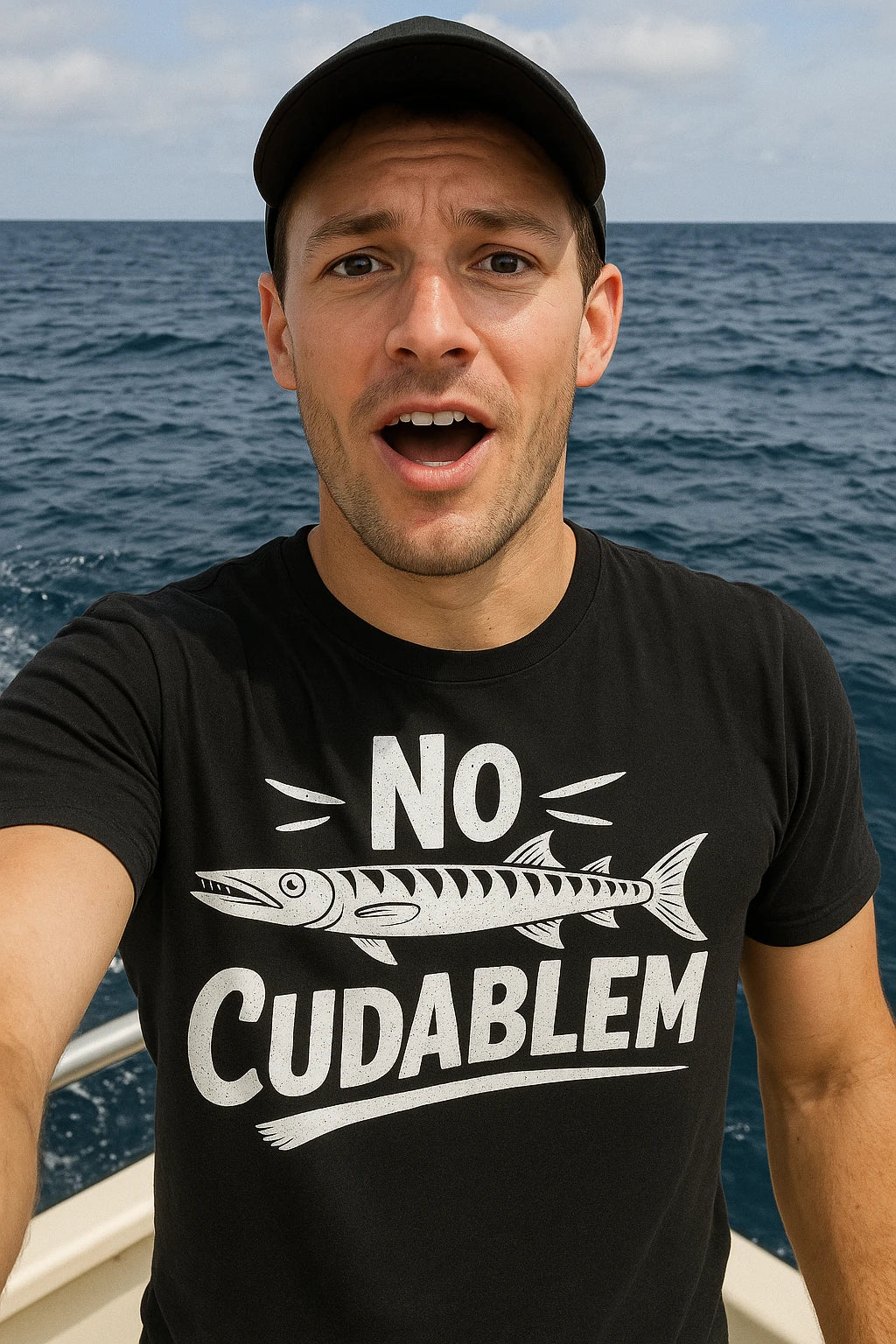 "No Cudablem" black barracuda t shirt, photographed as barracuda lover gift