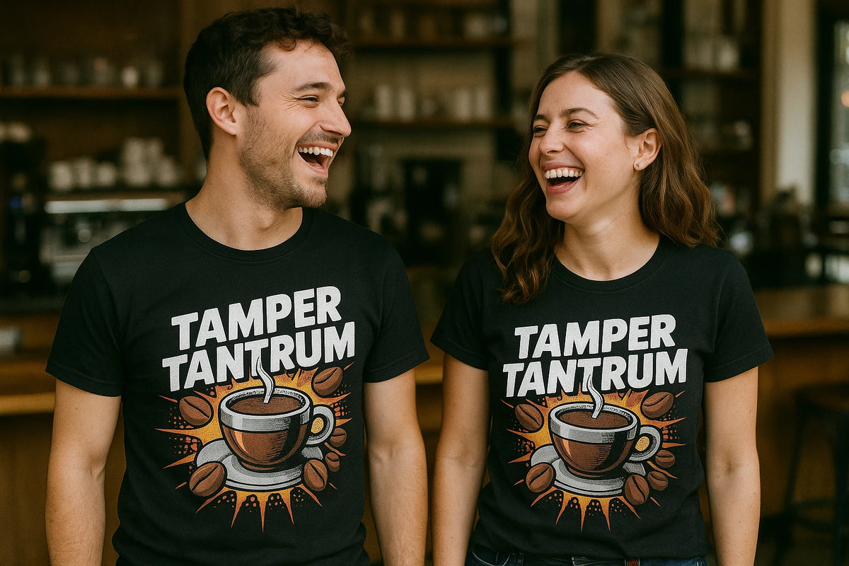 Person wearing the black espresso shirts graphic tee - "Tamper Tantrum" design