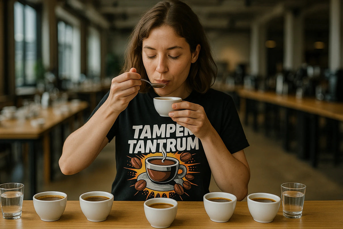 Lifestyle shot of the "Tamper Tantrum" black espresso shirts in a real-world setting