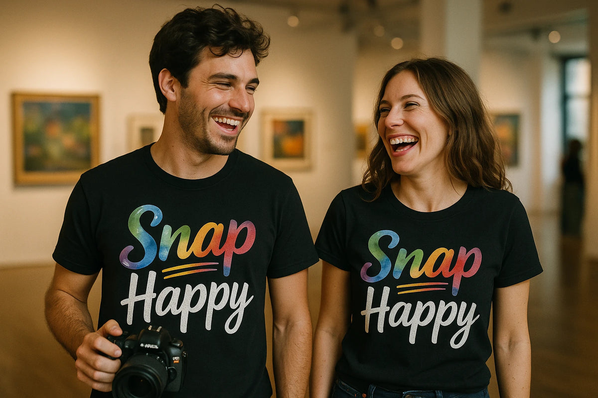 Person wearing the black photographer shirts graphic tee - "Snap Happy" design