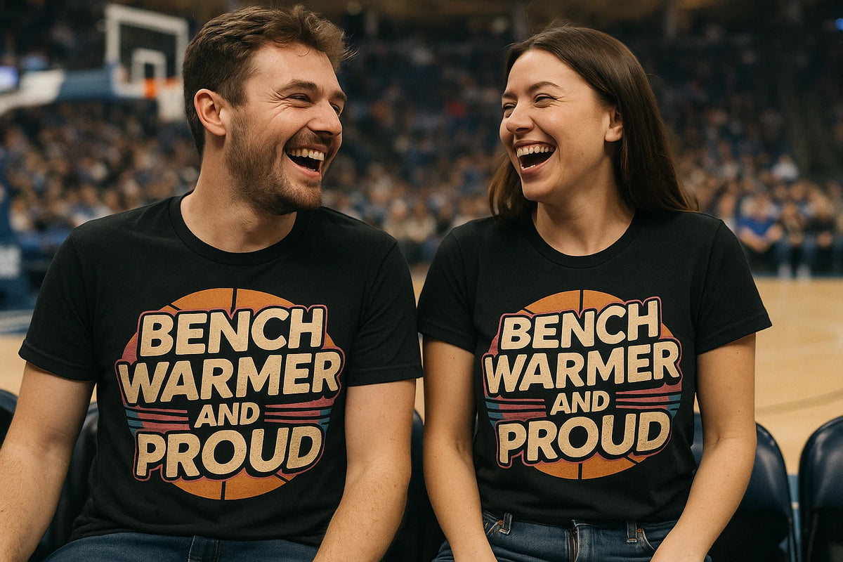 Person wearing the black basketball t shirt graphic tee - "Bench Warmer and Proud" design