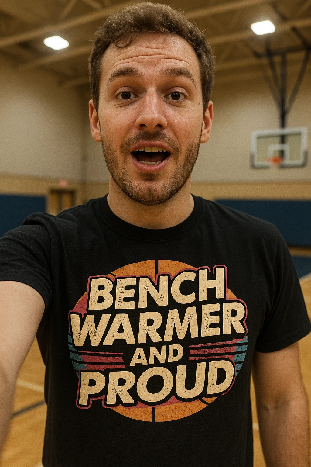 "Bench Warmer and Proud" black basketball t shirt, photographed as basketball lover gift