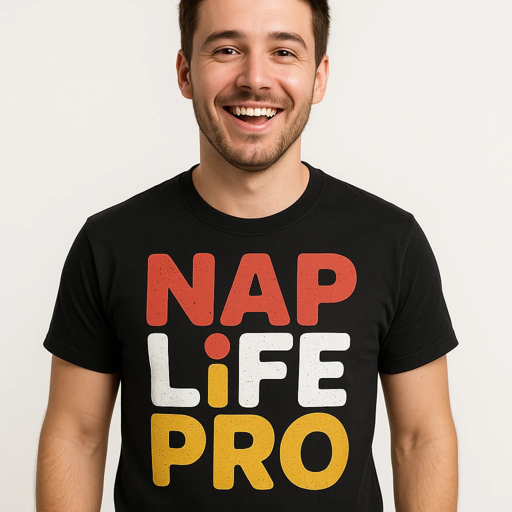 Close-up of the "Nap Life Pro" orange print on a premium Bella+Canvas black sleep shirts for women