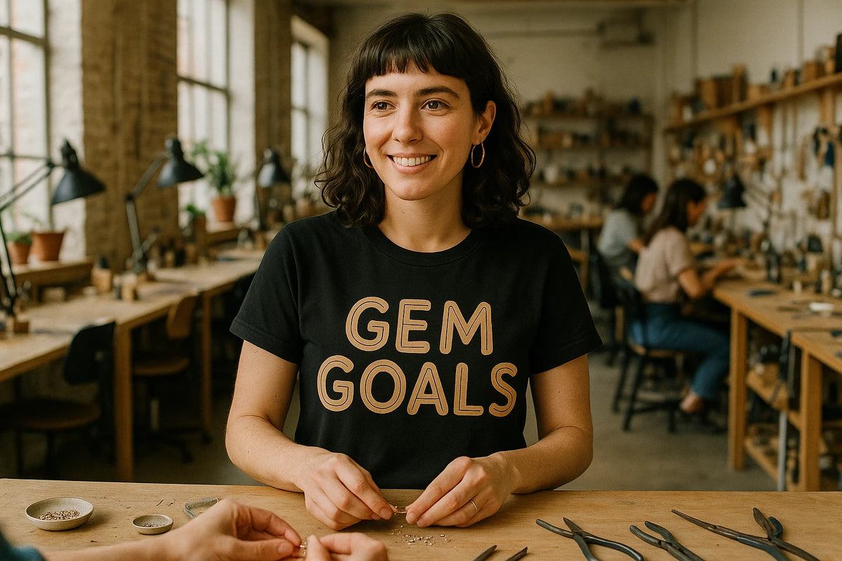 Lifestyle shot of the "Gem Goals" black jewelry making t shirt in a real-world setting