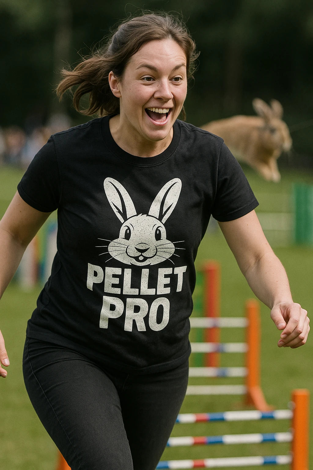 "Pellet Pro" black rabbit tee shirts, photographed as gifts for bunny rabbit lovers