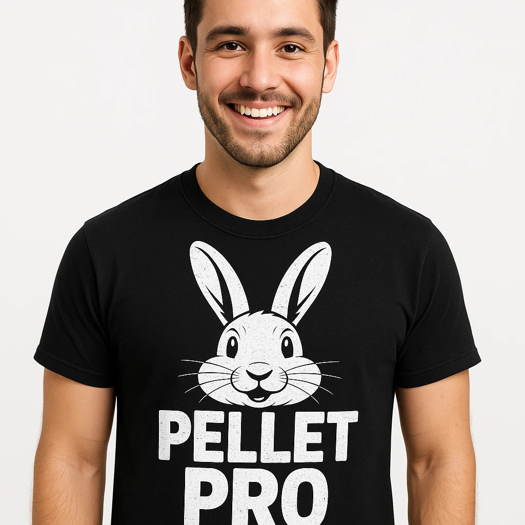 Close-up of the "Pellet Pro" white print on a premium Bella+Canvas black rabbit tee shirts