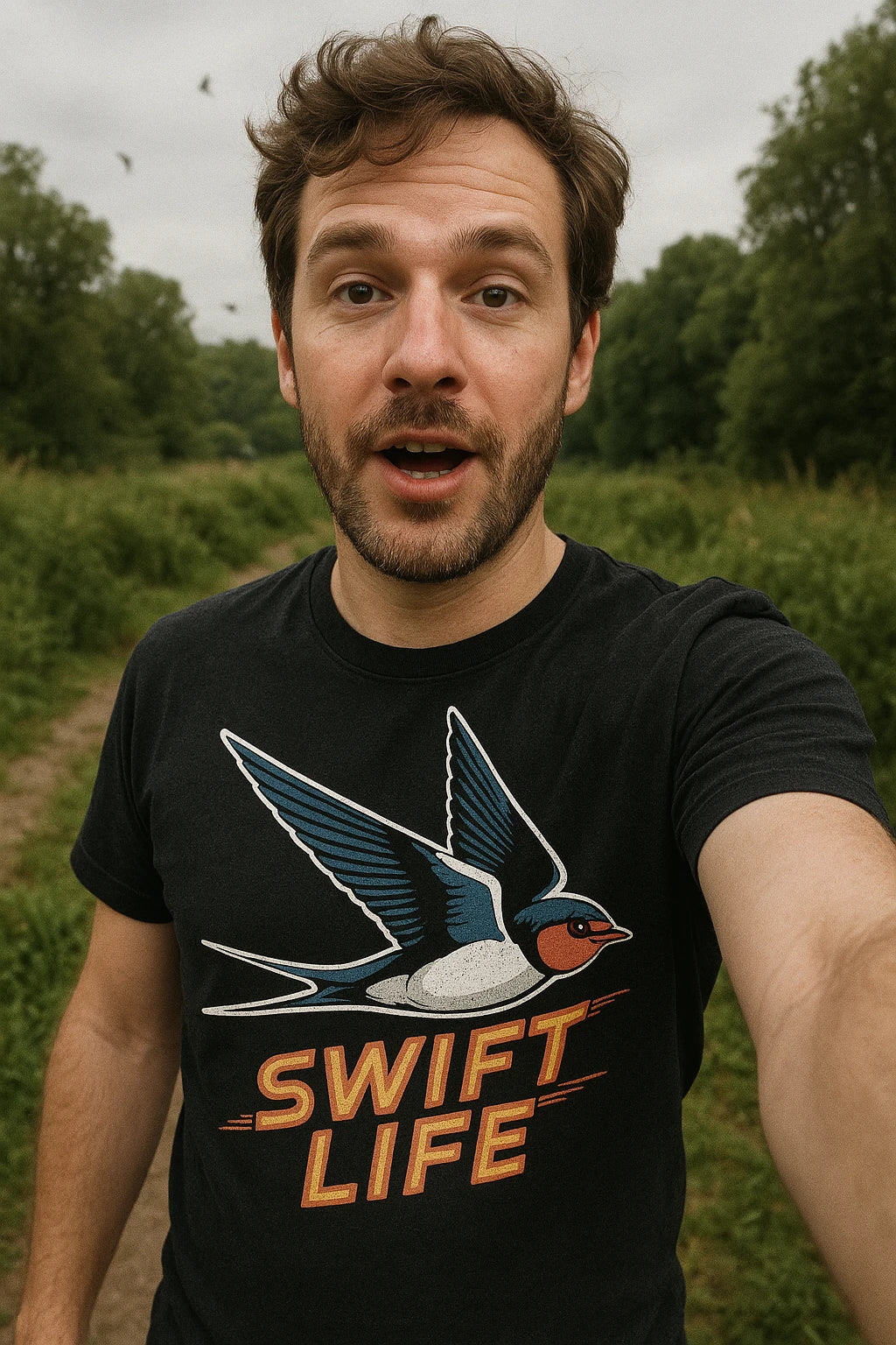 "Swift Life" black i swallow t shirt, photographed as swallow lover gift