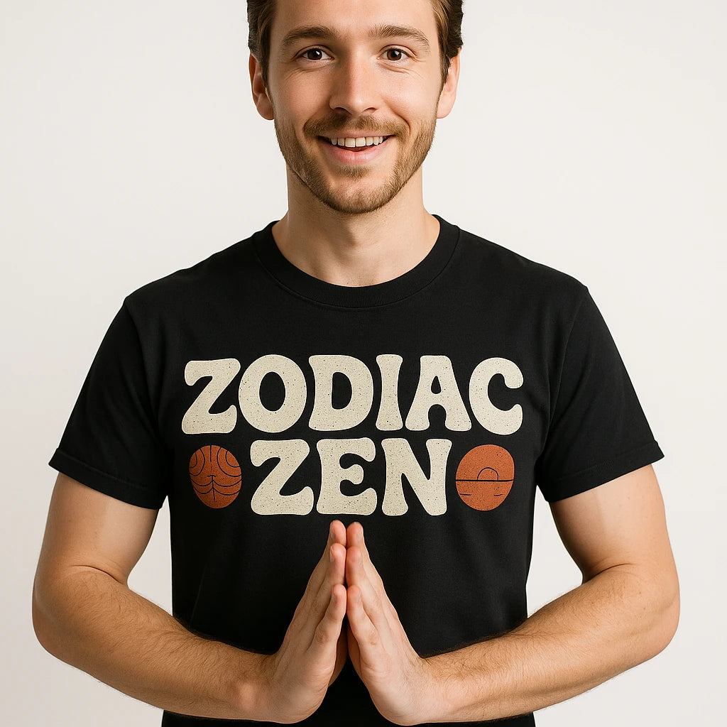 Close-up of the "Zodiac Zen" beige print on a premium Bella+Canvas black t shirt astrology