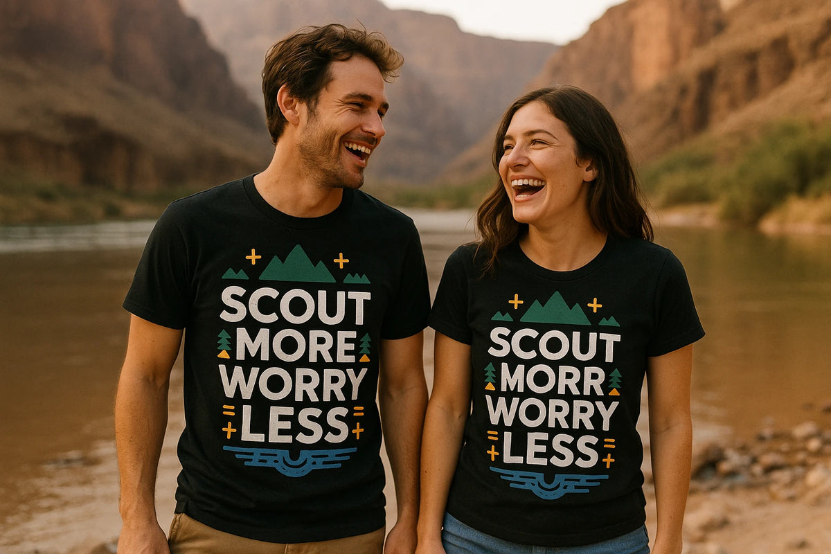 Person wearing the black rivers shirts graphic tee - "Scout More Worry Less" design