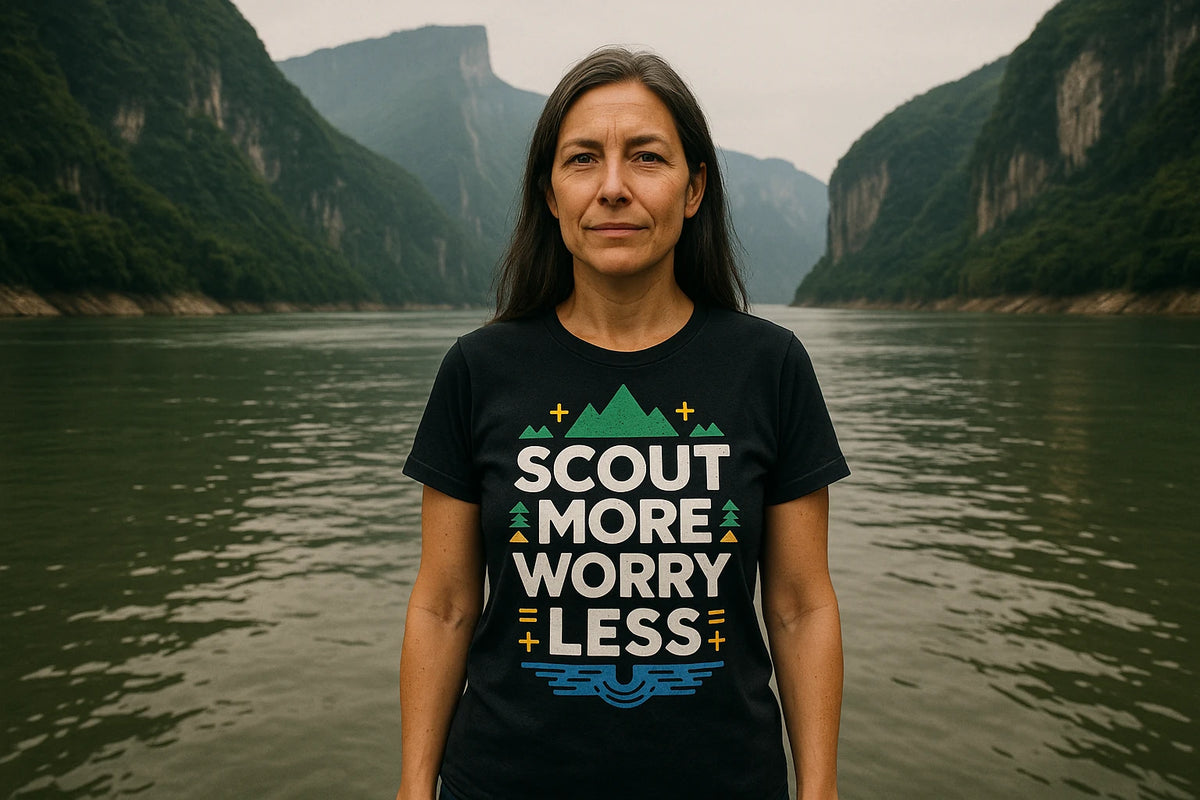 Lifestyle shot of the "Scout More Worry Less" black rivers shirts in a real-world setting