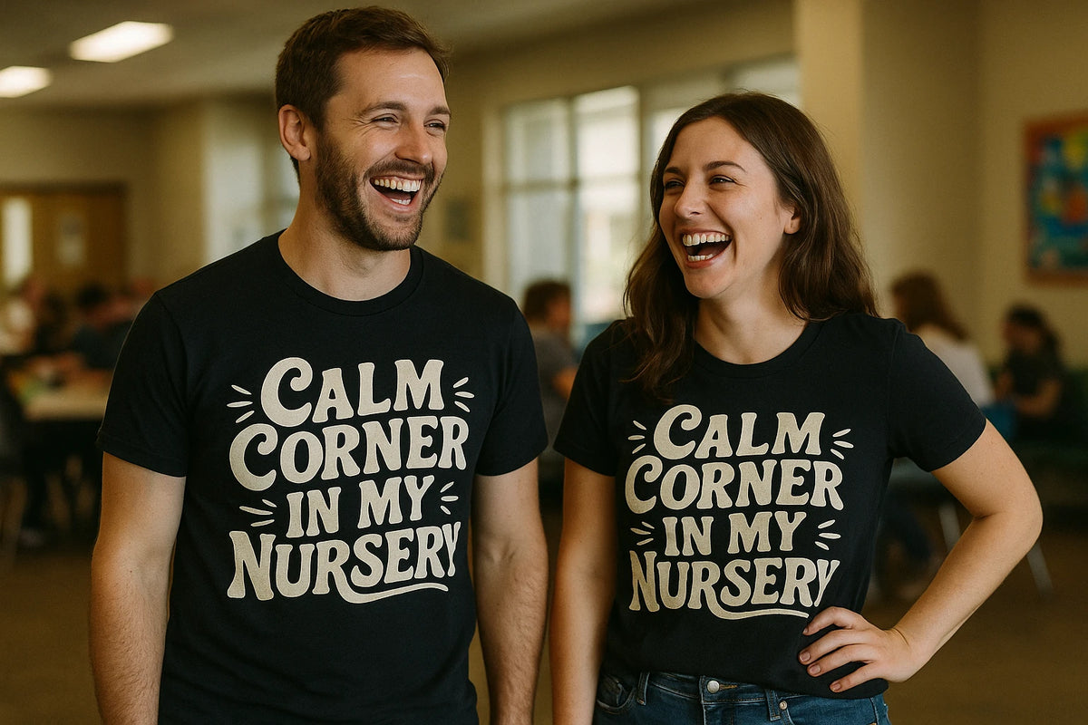 Person wearing the black new parents shirts graphic tee - "Calm Corner in My Nursery" design