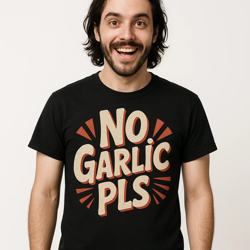 Close-up of the "No Garlic Pls" beige print on a premium Bella+Canvas black vampire shirts