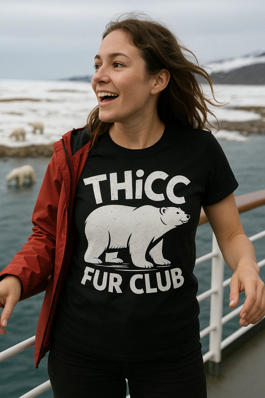"Thicc Fur Club" black polar bear shirts, photographed as gifts for polar bear lovers