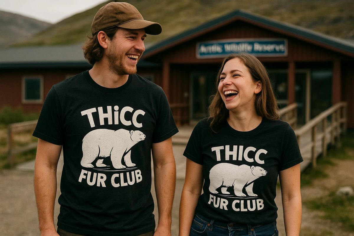 Person wearing the black polar bear shirts graphic tee - "Thicc Fur Club" design