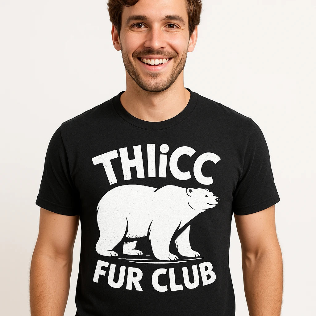 Close-up of the "Thicc Fur Club" white print on a premium Bella+Canvas black polar bear shirts
