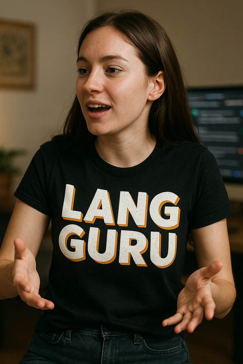 "Lang Guru" black translator t shirt, photographed as gift ideas for translators