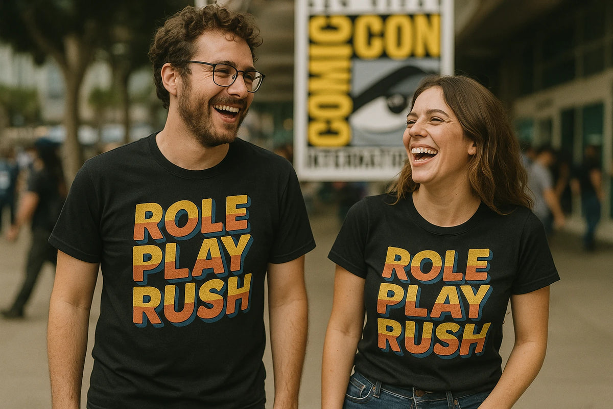 Person wearing the black cosplayers t shirt graphic tee - "Role Play Rush" design