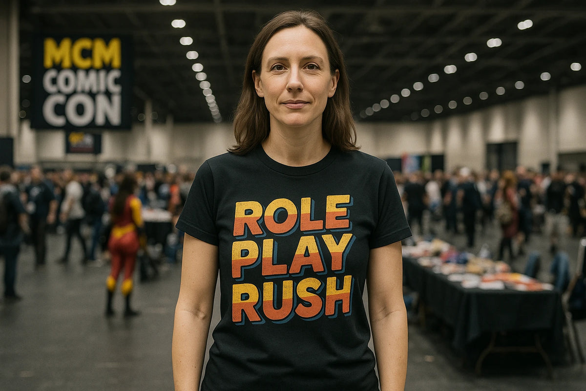 Lifestyle shot of the "Role Play Rush" black cosplayers t shirt in a real-world setting