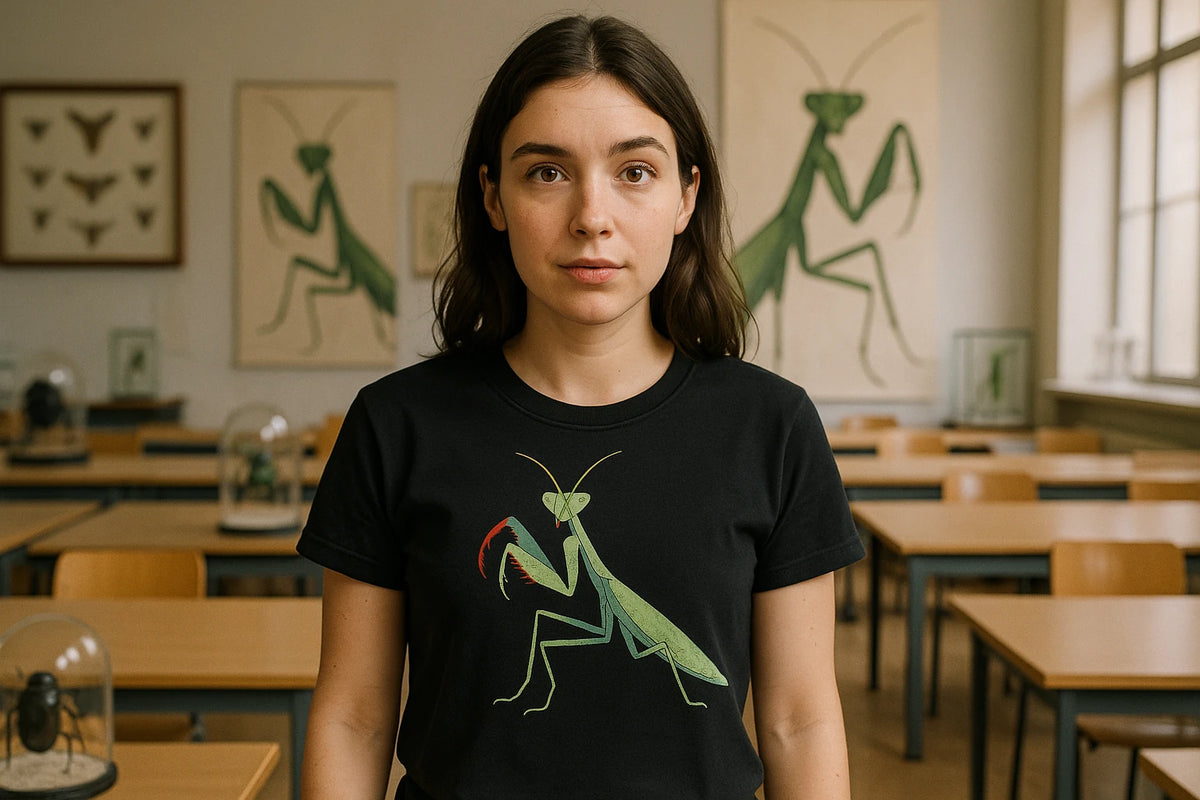 Lifestyle shot of the "Mantis Mood" black mantis shirts in a real-world setting