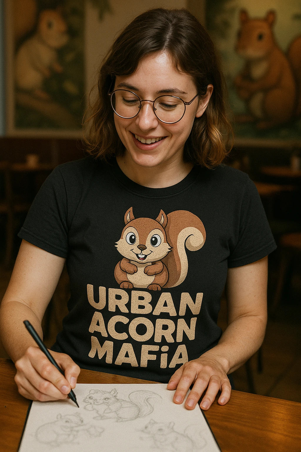 "Urban Acorn Mafia" black t shirt squirrel, photographed as unique gifts for squirrel lovers