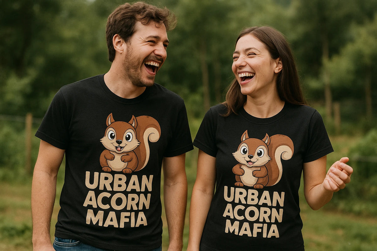 Person wearing the black t shirt squirrel graphic tee - "Urban Acorn Mafia" design