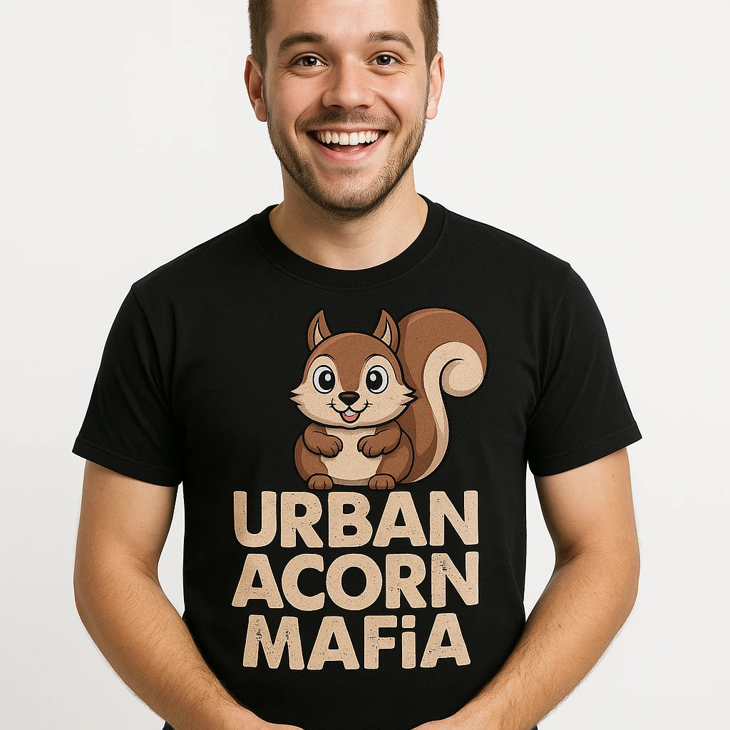 Close-up of the "Urban Acorn Mafia" beige print on a premium Bella+Canvas black t shirt squirrel