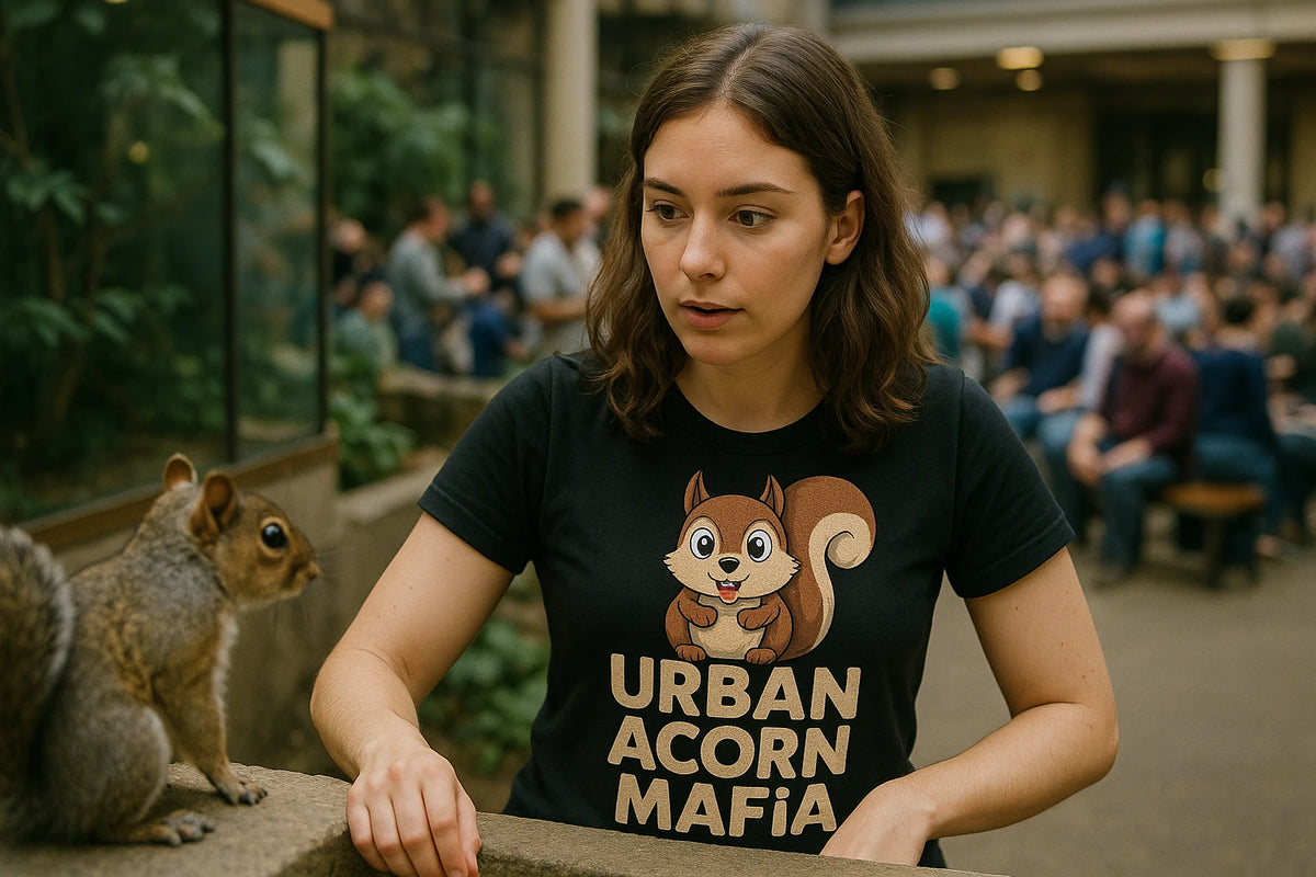 Lifestyle shot of the "Urban Acorn Mafia" black t shirt squirrel in a real-world setting