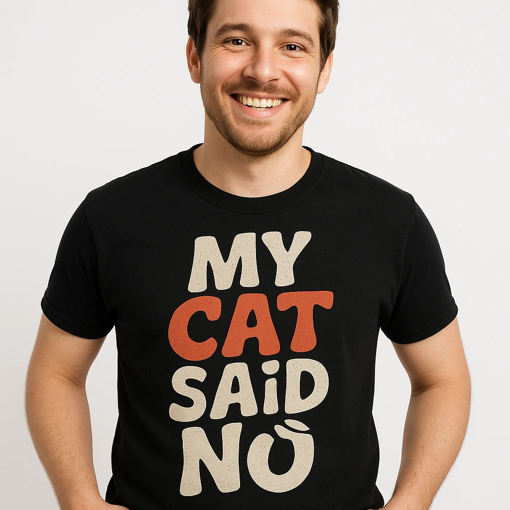 Close-up of the "My Cat Said No" beige print on a premium Bella+Canvas black cat lovers t shirt