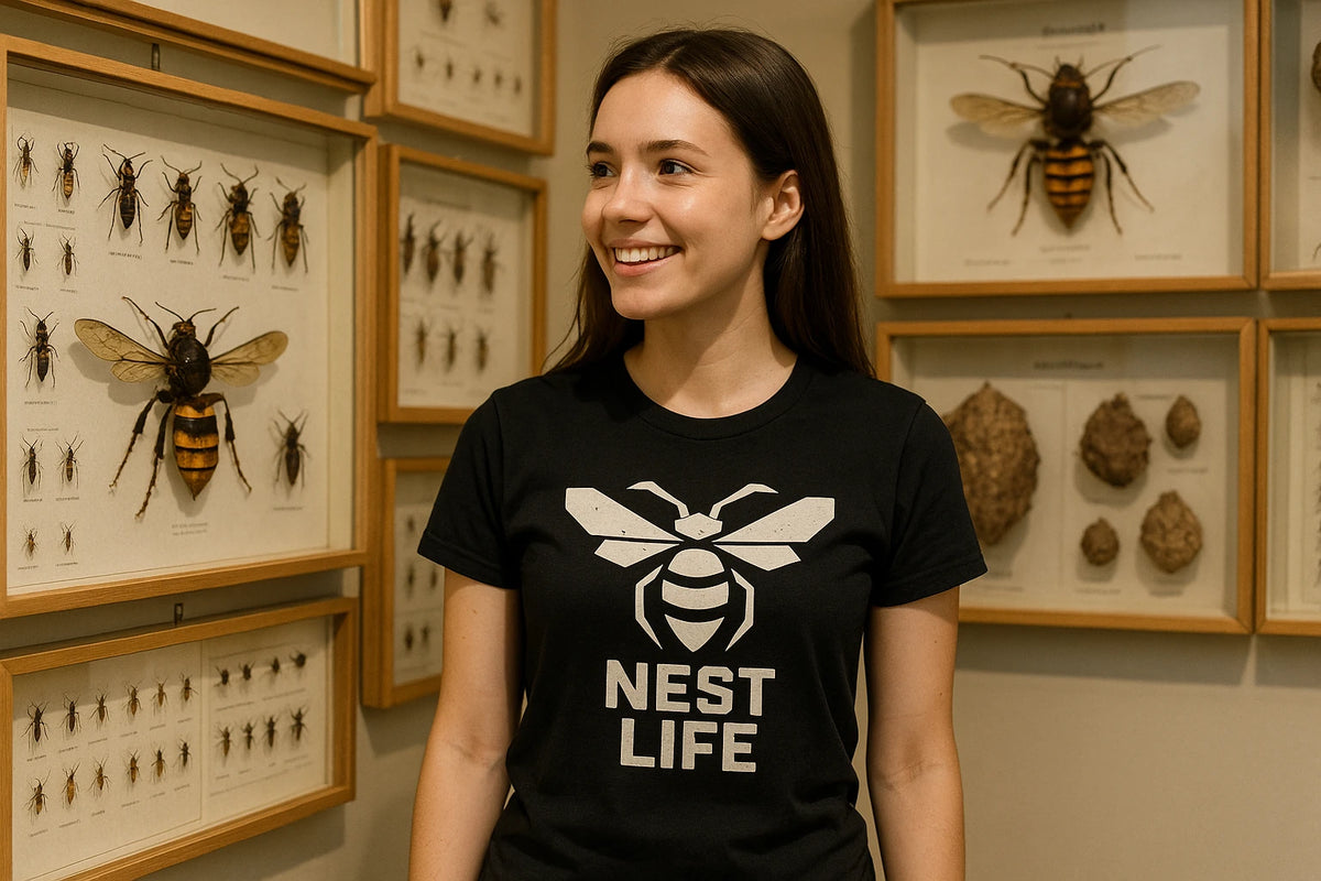 Lifestyle shot of the "Nest Life" black hornets tee shirts in a real-world setting