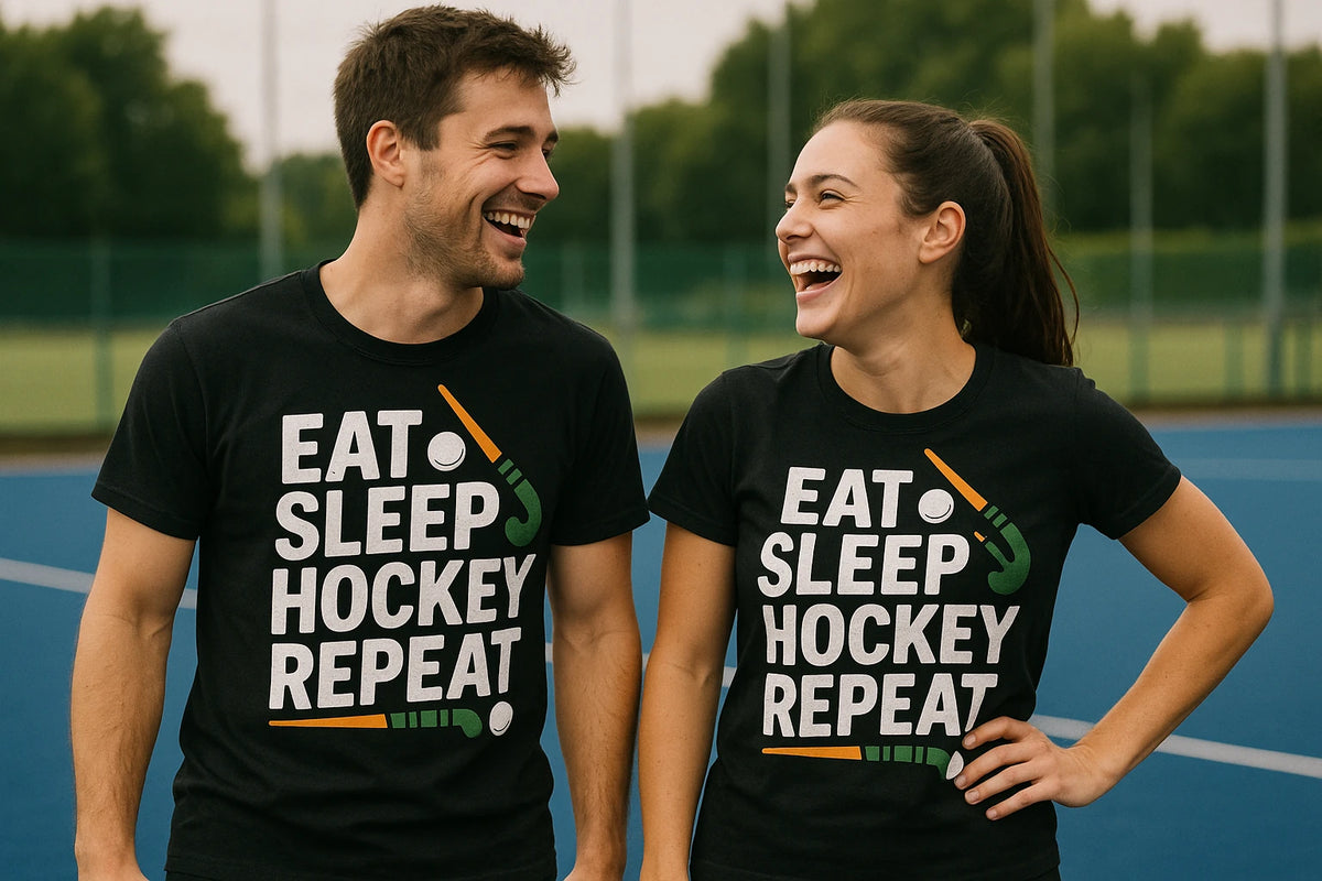 Person wearing the black field hockey tee shirts graphic tee - "Eat Sleep Hockey Repeat" design