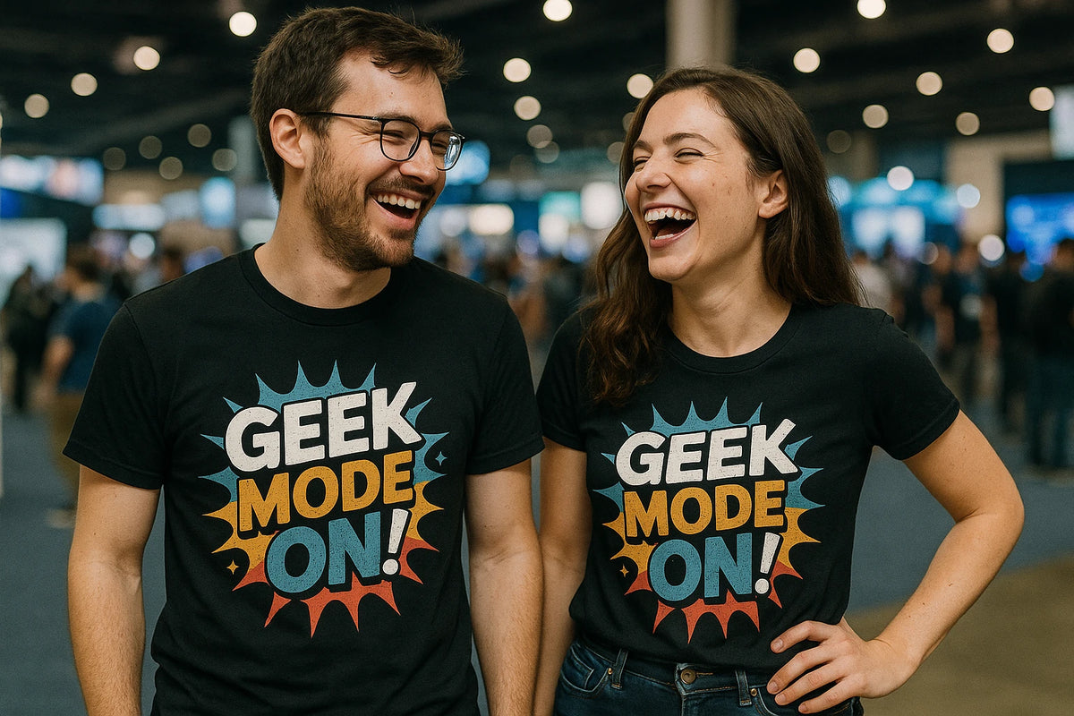 Person wearing the black gadget t shirt graphic tee - "Geek Mode On" design
