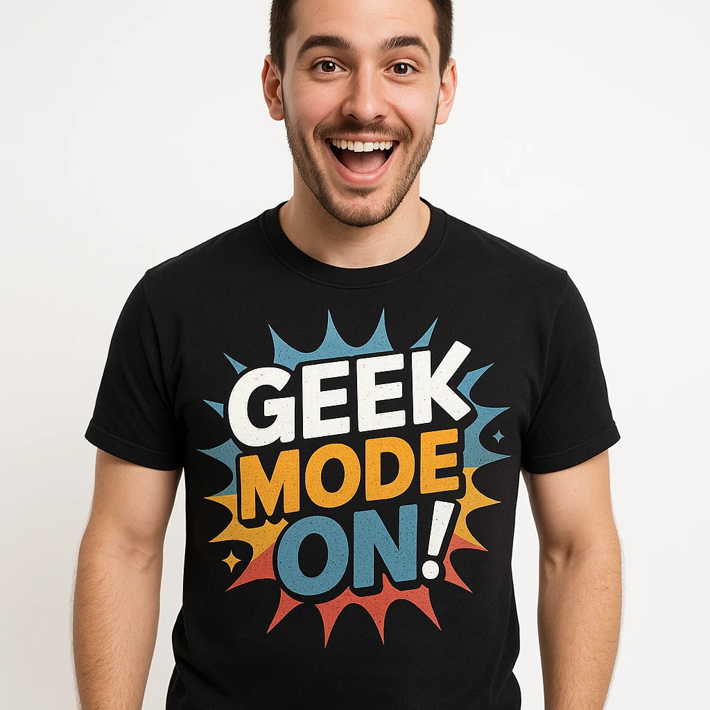 Close-up of the "Geek Mode On" gray print on a premium Bella+Canvas black gadget t shirt