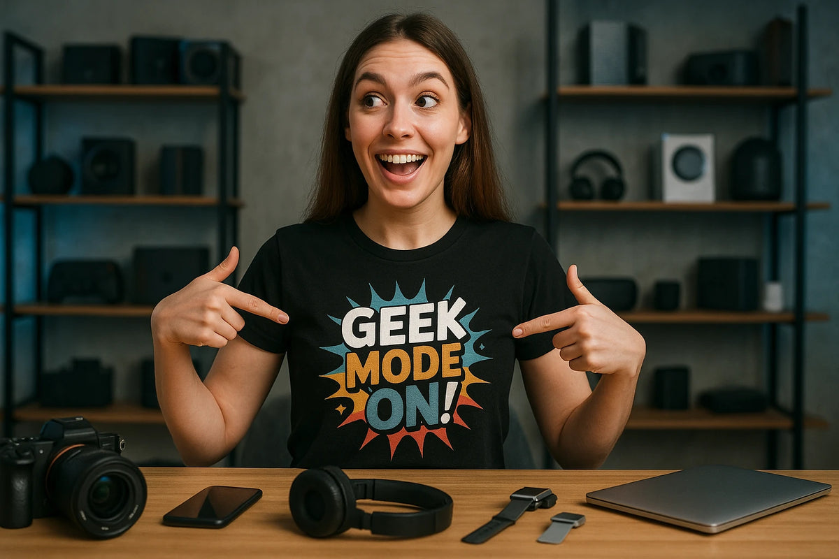 Lifestyle shot of the "Geek Mode On" black gadget t shirt in a real-world setting