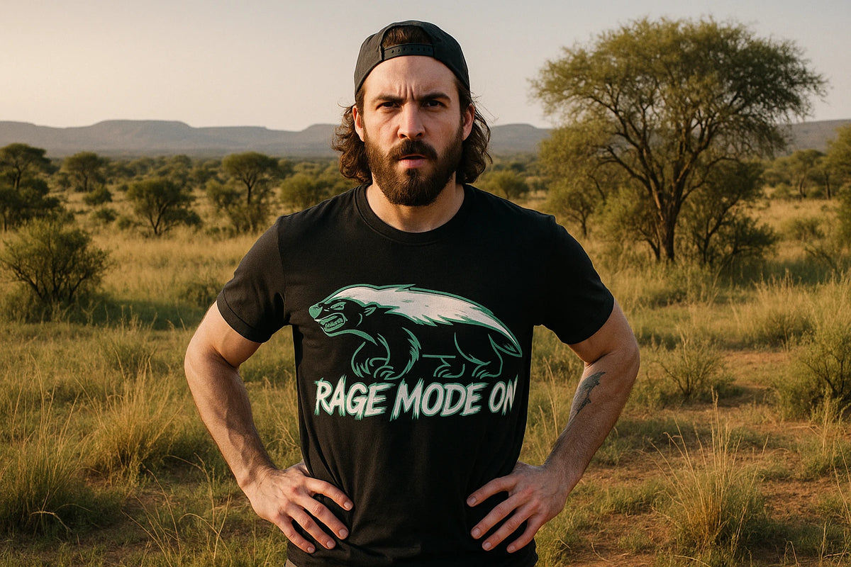 Lifestyle shot of the "Rage Mode On" black honey badger t shirt in a real-world setting
