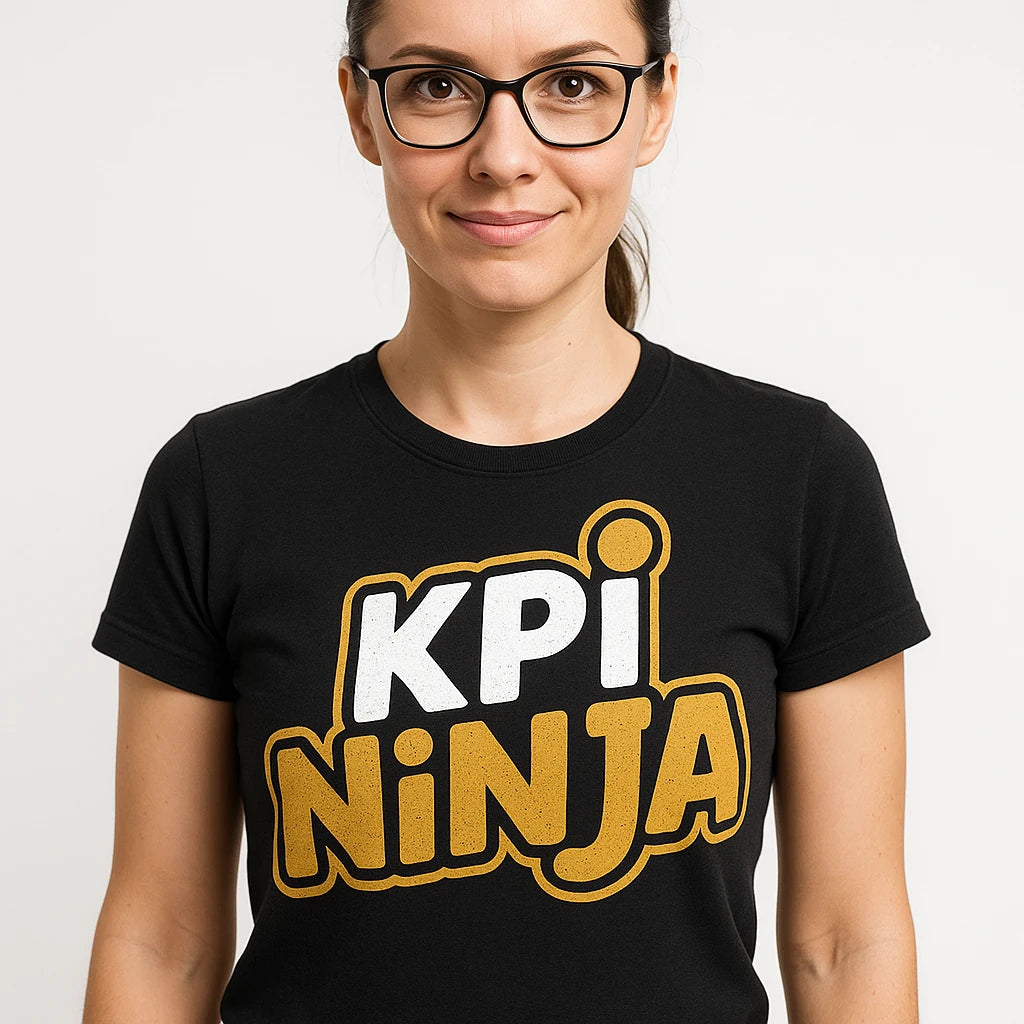 Close-up of the "Kpi Ninja" gold print on a premium Bella+Canvas black marketing manager shirts